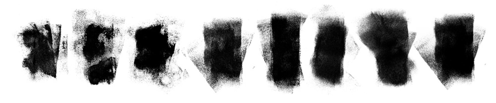 Set of grunge rolled ink stamp textures handmade with brayer. Letterpress vintage rough irregular rectangle vertical backgrounds Linocut relief printing shapes vector illustration transparent backdrop