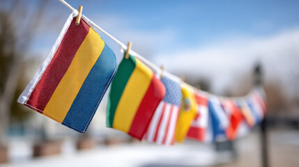 Global unity theme with diverse world flags displayed outdoors for international celebration
