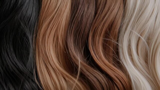 Close up view of beautiful flowing wavy hair strands showcasing a rich palette of diverse natural hues like blonde, brown, and deep black, perfect for wig and hairpiece concepts.