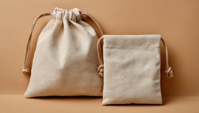 A small isolated brown paper bag and rough burlap sack container for a gift or money package on a white background.