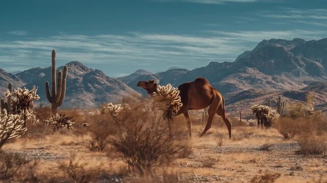 Desert landscape with a solitary camel, shrubs, cacti, and distant rugged mountains under clear sky