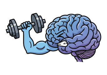 Cartoon brain with flexed arm lifting dumbbell, symbolizing mental strength and cognitive power in a creative, humorous illustration style