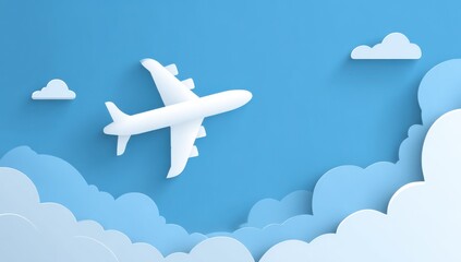 Naklejka premium A sleek vector illustration of a jet airliner flying through white clouds in a blue sky, symbolizing aviation travel and business transportation with a modern silhouette design.