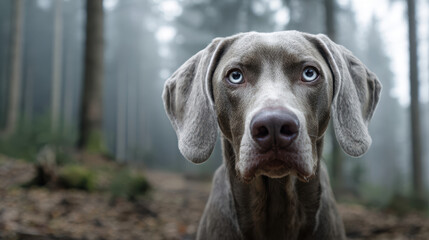 weimaraner dog with striking blue eyes standing gracefully