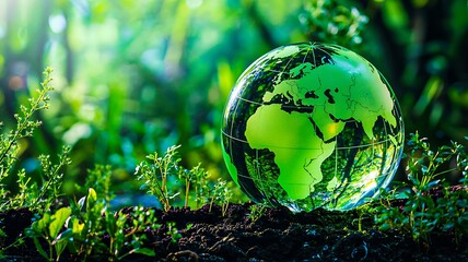 Green glass globe in forest symbolizing nature and environmental protection
