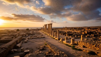 Panoramic view of ancient coastal city ruins featuring rows of classical stone columns and archaeological remains illuminated by warm golden sunset light.