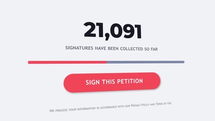 Petition signature counter animation growing from 17k to 51k with progress bar filling and call to action button - Powered by Adobe