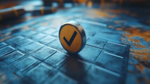 Check Mark on Industrial Surface: A close-up shot of a small check mark emblem, rendered in striking detail, rests on a textured industrial surface, evoking concepts of correctness and validation.