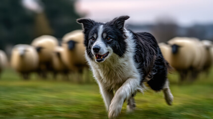 border collie herding sheep on a farm background