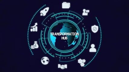 Transformation hub concept showing global digital change networks, integrated data platforms, futuristic interface visualization, and enterprise innovation. - Powered by Adobe