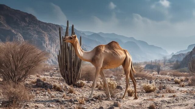 A lone camel stands in a sunlit desert among towering cacti, rugged hills, and distant blue skies...