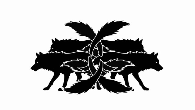 Mysterious symmetrical pattern of black wolves with flowing tails on a white background