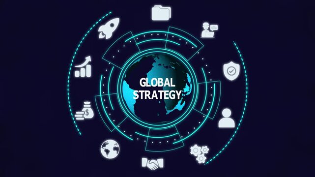 Global strategy concept with interconnected digital networks, data driven planning, modern interface visualization, and enterprise decision systems.