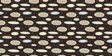A cheerful retro feast seamless horizontal black pattern. Graphic illustration of white vintage empty plates on a table with a blue border. Festive table setting print wallpaper for holiday wrapping 