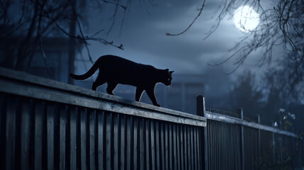 cat walking on a fence at night