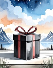 Gift box by a lake at night