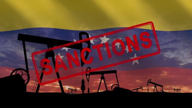 Sanctions, embargo on Venezuelan gas and oil. Crude oil production. Silhouettes of oil pumps against the backdrop of the sunset and the Venezuelan flag. The concept of oil imports and exports.