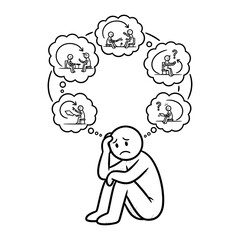 Stick Figure Overwhelmed by Thoughts in Cloud Bubbles