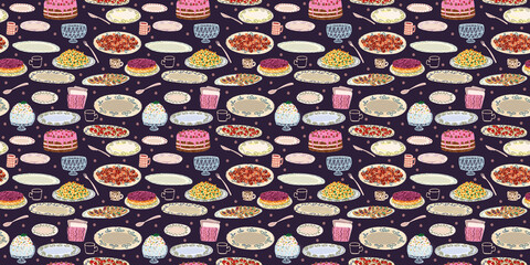 A festive pattern with cartoon food. White plates, appetizers, and salads. A fun birthday print. Dark blue wallpaper for wrapping paper.