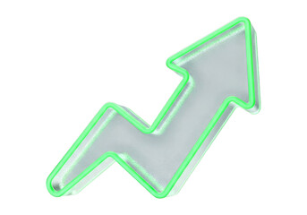 Neon green glowing arrow pointing upwards on Transparent background, symbolizing growth, increase, progress, and success in business and finance with a metallic sheen