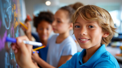 Faceless students engage in collaborative learning brainstorming on whiteboard in modern classroom, fostering STEM education and teamwork, defocused educational innovation, academi