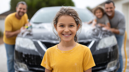 Family bonding while washing car together in driveway