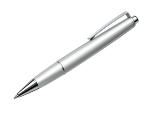 Sleek silver pen with a metallic sheen against black