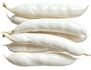 Stack of plump, smooth, white bean pods, fanned