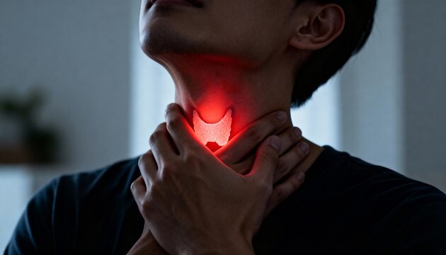 Close-up of a person holding their throat with a glowing red thyroid gland, symbolizing thyroid disease or pain, medical concept background with copy space.