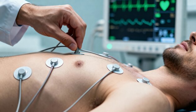 Close-up of a doctor's hand attaching ECG electrodes to a patient's chest, with a vital signs monitor displaying a heartbeat in the background, perfect for medical and healthcare backgrounds.