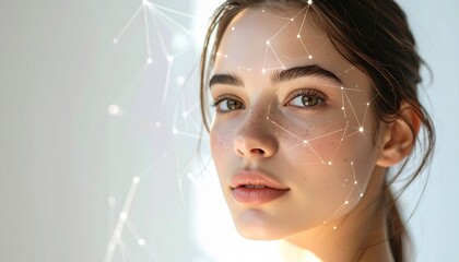 Young woman's face with an intricate network of glowing lines and dots, symbolizing advanced artificial intelligence, biometric identification, and the fusion of humanity with future technology