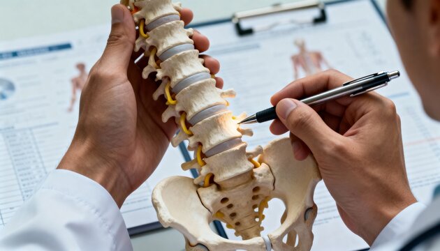 Medical Doctor Explains Spinal Anatomy Model with Pen, Close-up of Hands and Vertebrae, Clean Background with Copy Space for Medical Information.