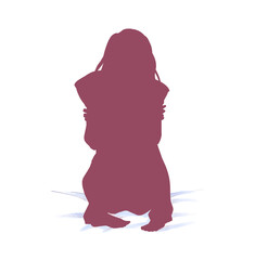 不安な雰囲気のクッションを抱いた女性　ベッドの上　シルエット