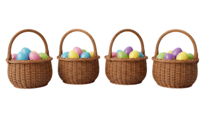 Four wicker baskets filled with easter eggs isolated on transparent background