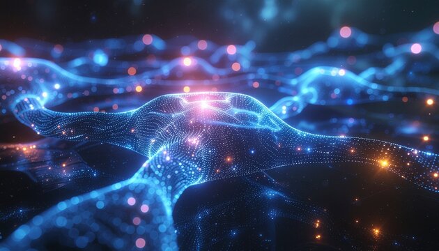 Abstract neural network connections in a digital blue and pink luminous futuristic digital data stream - Powered by Adobe