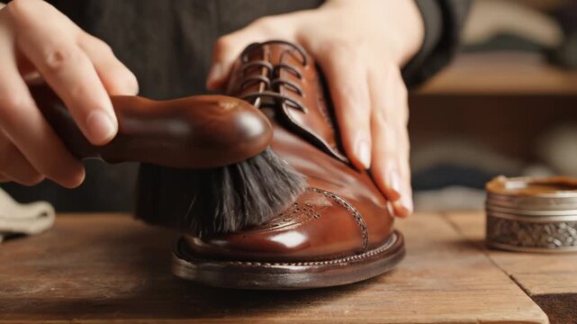Person polishing a leather shoe