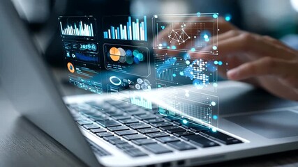 Person working on laptop with digital data and charts projected over the screen, analyzing business insights. - Powered by Adobe