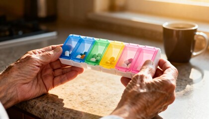 Elderly hands holding a colorful pill organizer filled with medication, symbolizing health and daily routine.