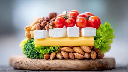 Healthy Eating Composition: An artful arrangement of wholesome, fresh ingredients, celebrating the vibrancy and nutritional value of natural food on a wooden board.
