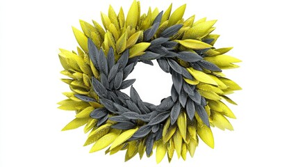 A wreath made of yellow and gray leaves. The wreath is circular and has a yellow center