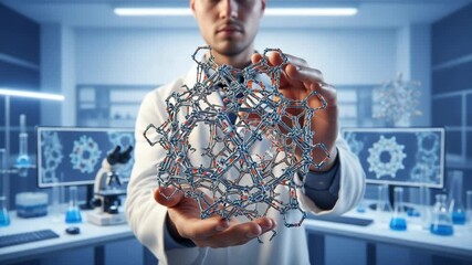 Male adult scientist holds a complex molecular structure in a modern laboratory setting. He is engaged in scientific research and discovery. Symbolizing innovation and advanced technology - Powered by Adobe