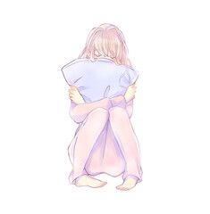 不安な雰囲気のクッションを抱いた女性