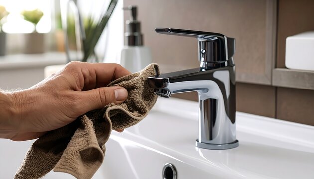 Hand cleaning chrome faucet - Powered by Adobe