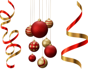 Red and Gold Golf Hanging Balls With Ribbon Decorative golf ball ornament hangs from red ribbon in winter scene, , festive, winter wonderland abstract background glow design light texture effect