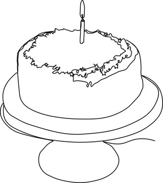 Birthday cake one line illustration. Continous cake single simple art. Brithday cake with candle style vector. Editable stroke. 