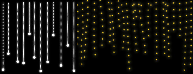 Sparkling Hanging Lights String of glowing warm yellow fairy lights hanging against a dark black background with subtle sparkle effect for festive decoration Warm glowing string lights