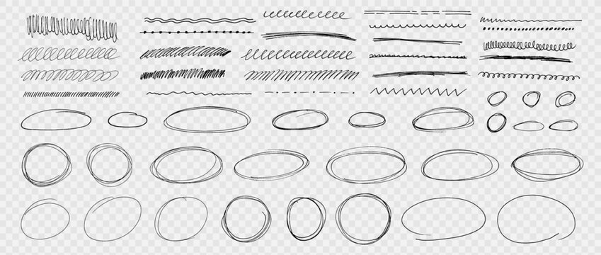 Hand drawn black pen collection showing round circle underline marks with doodle lines and strokes vector set kit on like transparent png bg. Bundle of highlight text and scribble oval line