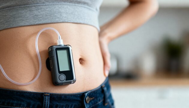 Close-up of a person's abdomen with an insulin pump attached, highlighting diabetes management and modern medical technology, perfect for health and wellness content with copy space.