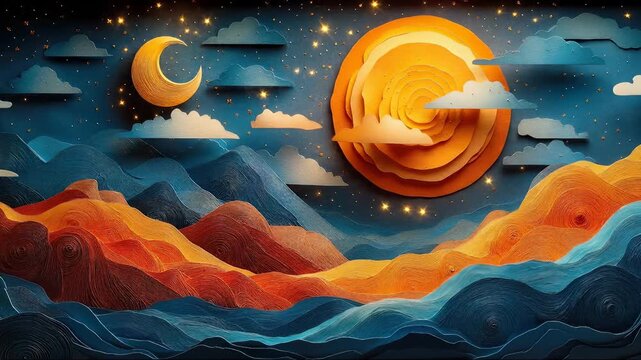 A whimsical paper craft celestial landscape featuring a vibrant sun and moon over textured mountains and flowing waves in a serene dreamscape