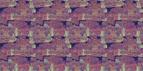 Old red stone houses, horizontal pattern. Ancient mountain towns illustration. Silhouettes of houses and the image of a seaside country print.